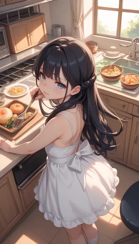 An anime-style black-haired girl with semi-long hair, wearing a white one-piece dress, is slicing an onion on a wooden cutting board. She squints slightly with teary eyes as she carefully chops the onion. The background is a homely, well-lit kitchen."