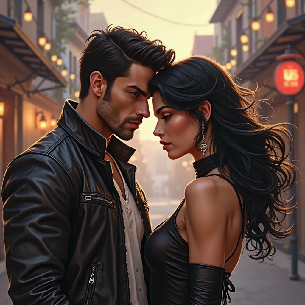 Handsome, brown-eyed, leather-jacketed, muscular-built, masculine-faced man. Beautiful woman with black hair, butterfly cut, dark eyes and classy clothes. neighborhood fiction. design book cover