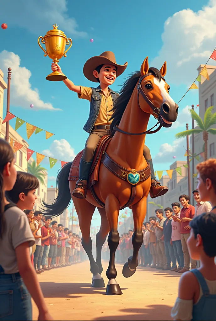 [Scene--6: The image of the boy and the teacher are men the boy participating in a parade]
(Juan caresses his horse and says:)
Juan: What happens is that in my village the second fair was held to celebrate Farmers' Day and many events were held, like micro...