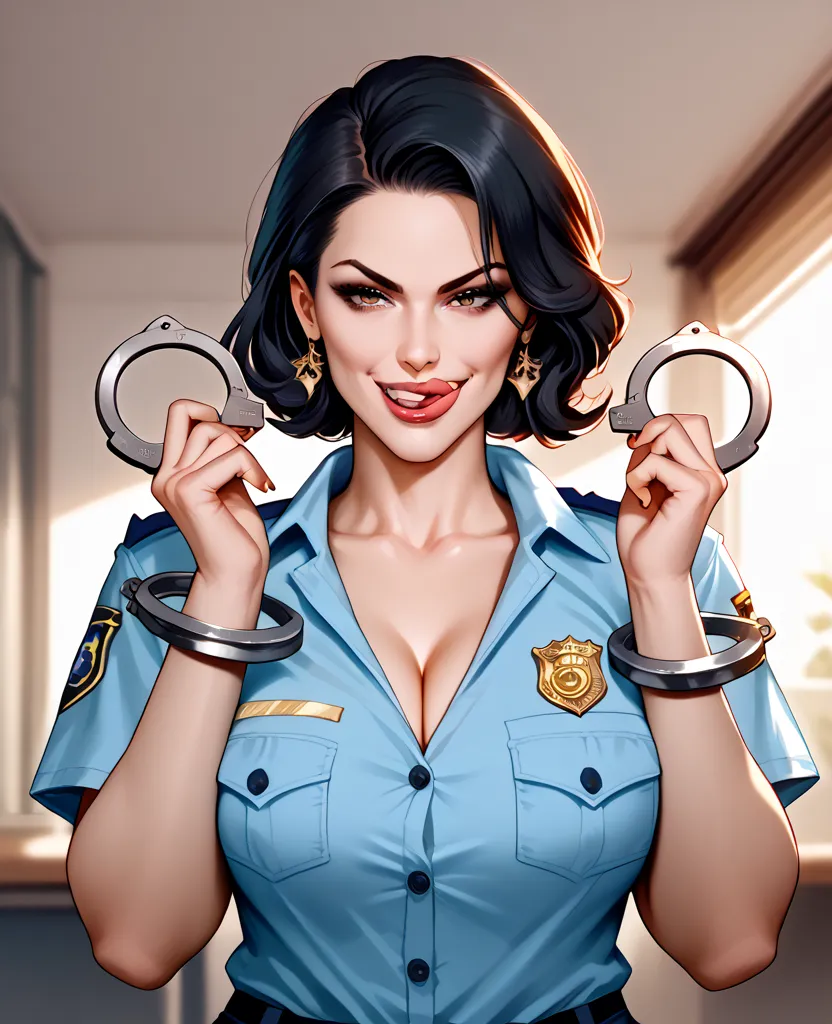 Milf, well endowed, thicc, cop, corrupt police officer, horny, smug, licking lips, dangling handcuffs in front of viewer, short black hair