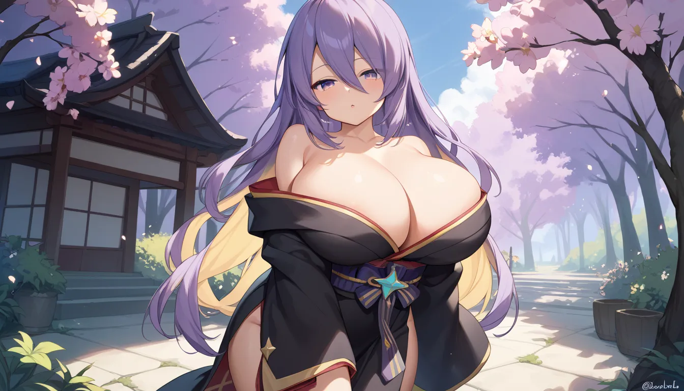 Long purple hair,moona hoshinova,yellow inner hair,purple eyes,bangs,hair between eyes,huge breast,black kimono,look at viewer with seductive eyes,huge cleaveage,outdoor,standing,bare shoulder