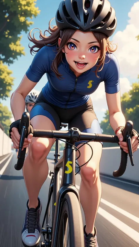  （Beautiful 17-year-old girl training on a road bike has big eyes and a tall nose、Dark brown long hair,(Racing helmet、 racing suit,  racing gloves、Toned thighs、 muscular body ),(躍dynamicなアングル、 Bold Composition 、Beautiful girl showing maximum strength leani...