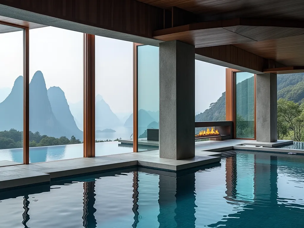 An oversized infinity pool，Half of it is an indoor pool，Half are outdoor pools，The view is from the indoor pool towards a mountain peak in the distance，The outdoor open-air infinity pool has a warm long fireplace，In the distance is a snowy landscape of Hua...