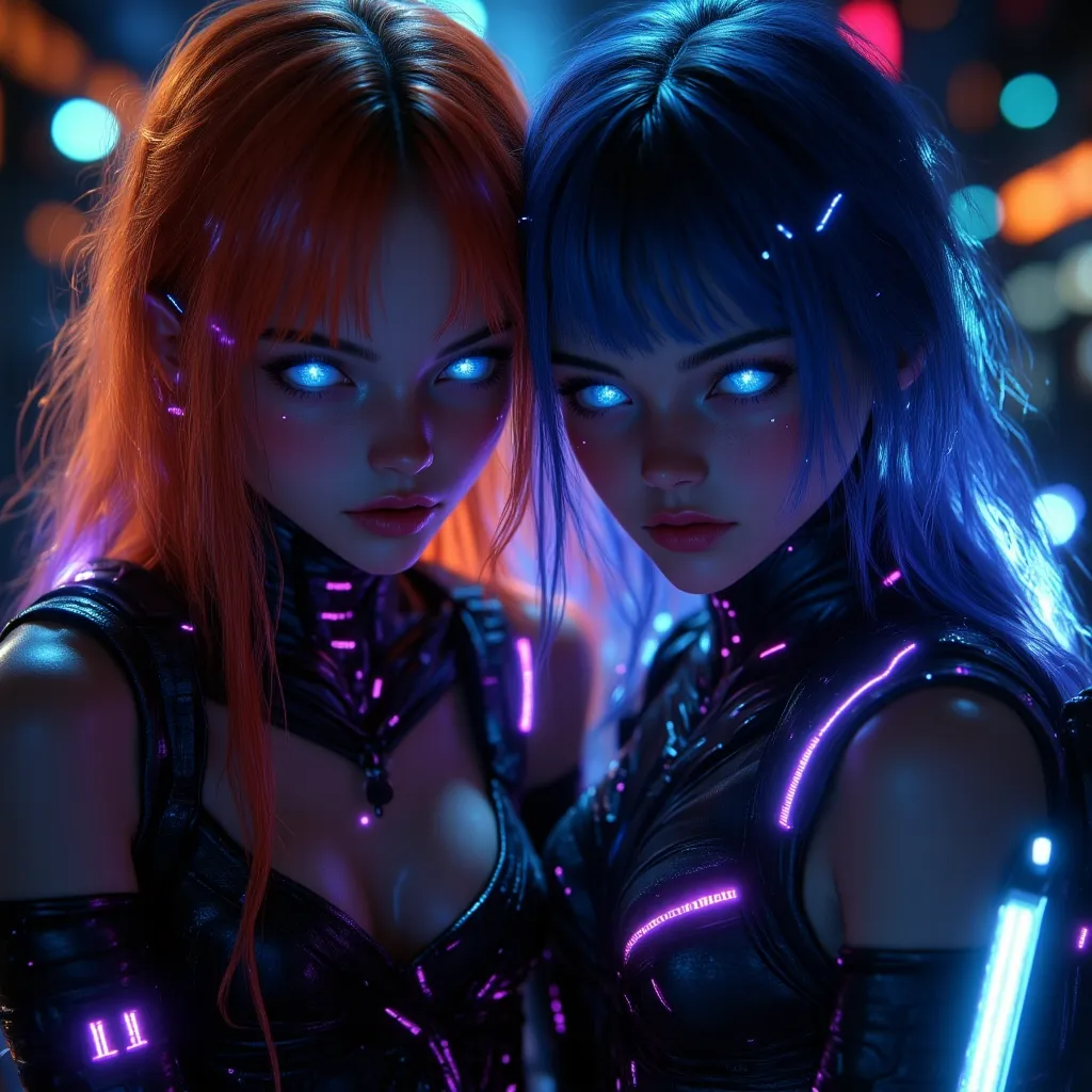 hyper realistic, two girls ginger and blue hair sad and afraid, age-14 in a sci fi military outfit, leggings with small glowing purple neon lines tank top with small glowing purple neon lines, belts neon lights, scifi inplants, flat belly, tiny waist, smal...