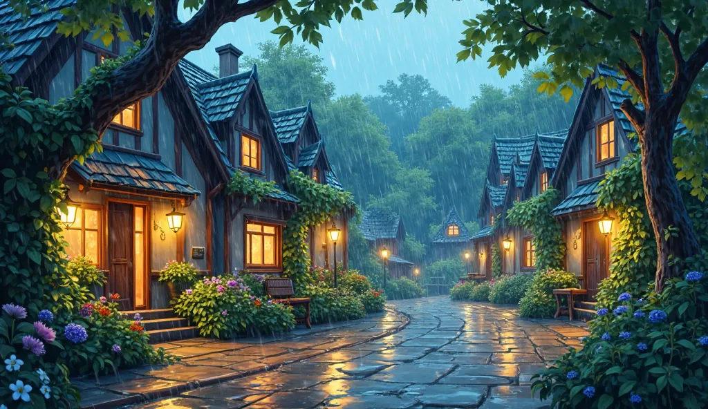 Heavy Rain Tonight In Street Village and Garden animation