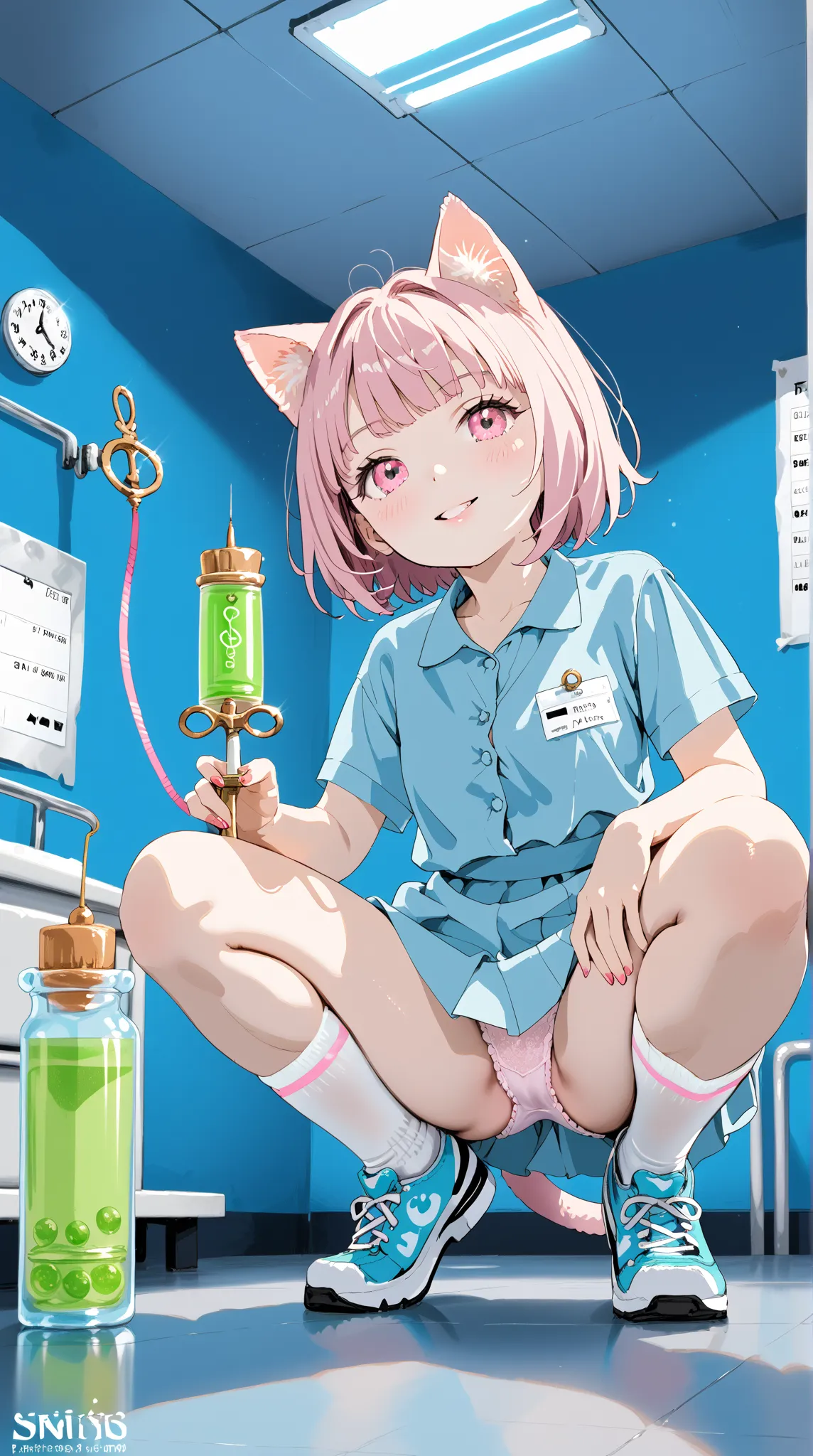 (masterpiece, best qualixty:1.3), (absurdres absolutely resolution), (8k), (detailed beautiful face and eyes), (detailed illustration), (super fine illustration), 1girl, cat girl, mem0w, wrappings, tail, pink eyes, score_9, score_8_up, score_8, Sexy cat gi...