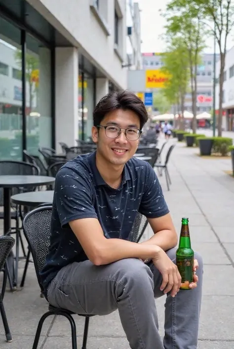 The image features a young man sitting outdoors at a café-style seating area along a row of establishments. He is wearing a dark blue, short-sleeved shirt with a patterned design. His hair is thick and dark, and he is wearing thin, metal-framed glasses. He...