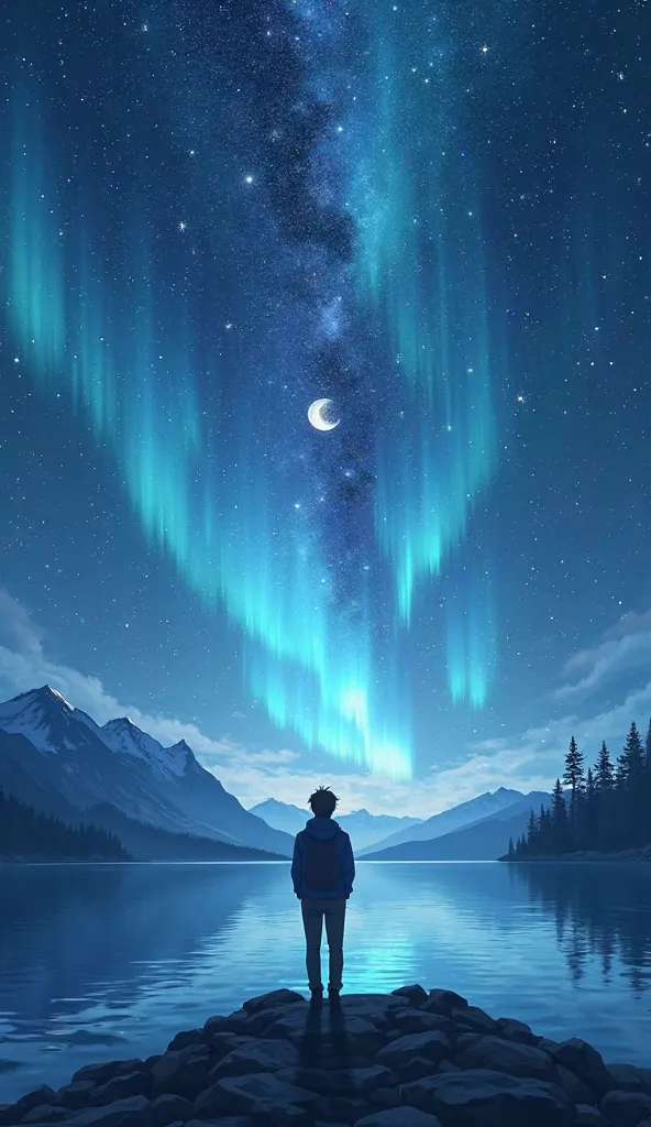 A lone traveler stands at the edge of a vast crystalline lake under a deep blue midnight sky. The stars are impossibly bright, with gentle auroras drifting across the heavens in shades of ice blue and silver. A second, ghostly planet can be seen among the ...