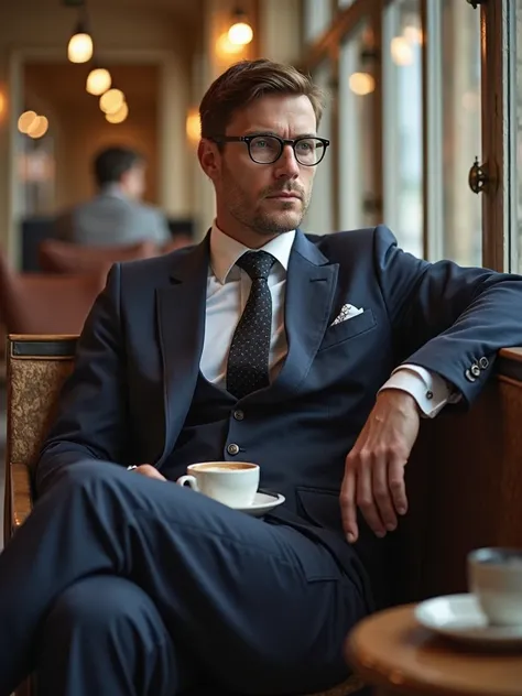 Gentlemen brown hair short haircut dark navy Blue suit black tie square framed glasses 35 years of age sitting lounge chair with his suitcase down beside him in the refreshment room of a french vintage railway station Having coffee & light refreshments 