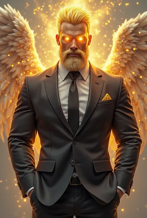 A muscular bearded asimar, with  yellow sun hair, the color of a hot metal, Short hairstyle , eyes glow like the sun, Modern  busines clothes .