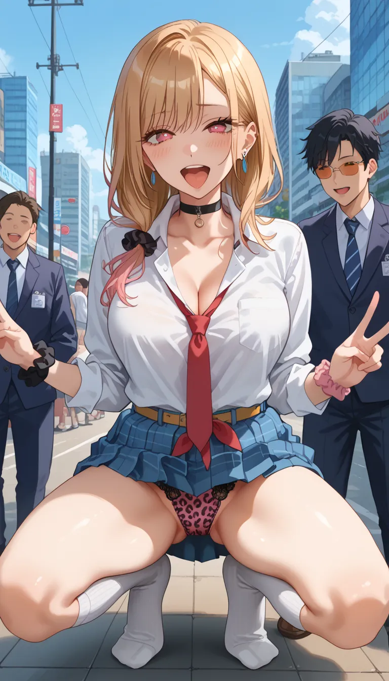 ( full body shot ), ((( front view))), , (boy with visible ribs),  girls on the left, fit girl, KJOmarin, blonde hair, length hair, pink eye, earrings,  ear piercing, black hair,  source_anime, masterpiece,Highest quality, huge chest, Fancy fixes,1人の girls...