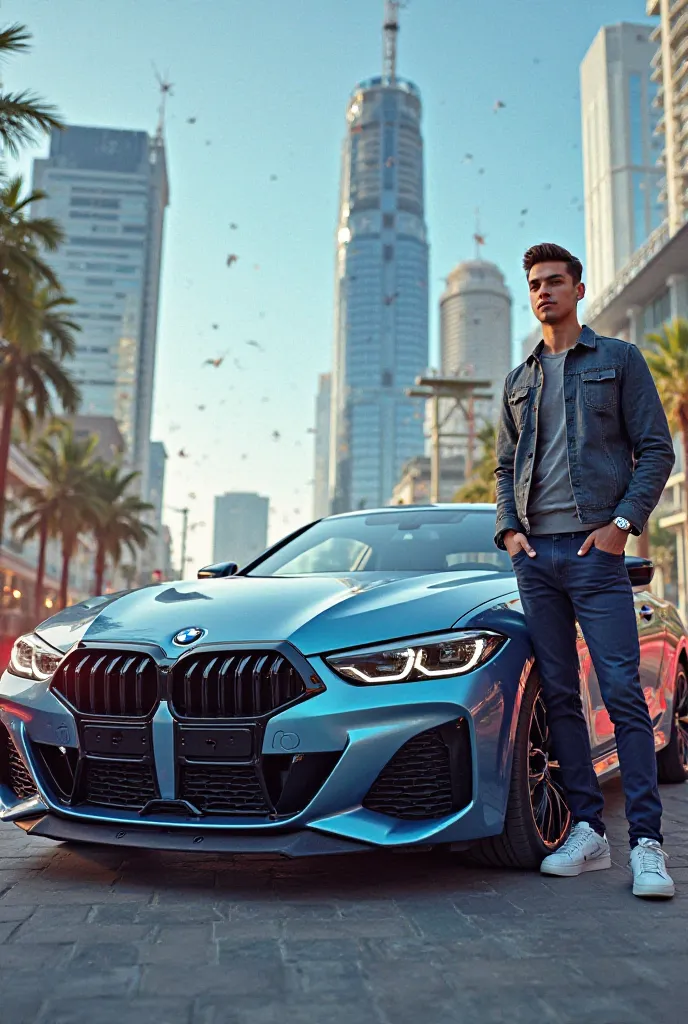 A young man next to a BMW 18 car