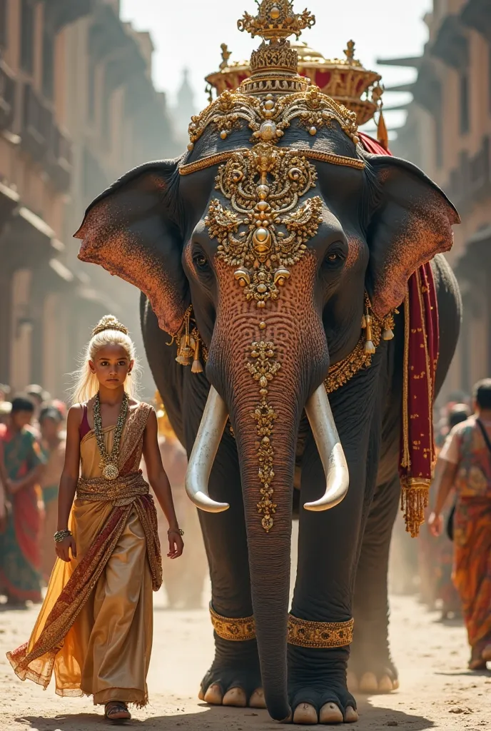 "A majestic scene on a historic city street: A magnificently decorated elephant with golden ornaments And fine jewelry walks through the street. A blond girl in elegant, royal clothing with a determined look. An adult with traditional clothing walks next t...