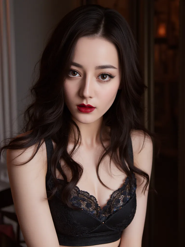 hyper realistic. A stunning masterpiece blending seductive charm and dark intrigue. She is clad in a detailed mini-skirt outfit with lace details, set against a background with a subtle gradient and shadowy colors. Her detailed photorealistic face is accen...