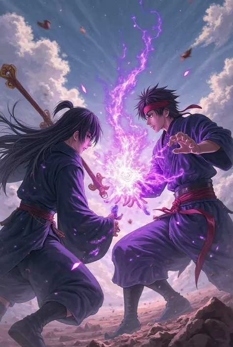 Anime style drawing of two fighters fighting fiercely. One person had a wooden scythe, black robes, white eyes and a beautiful light. The other had long purple claws. He wore a black robe and a red headband. They are fighting for the purple crystal. The ba...