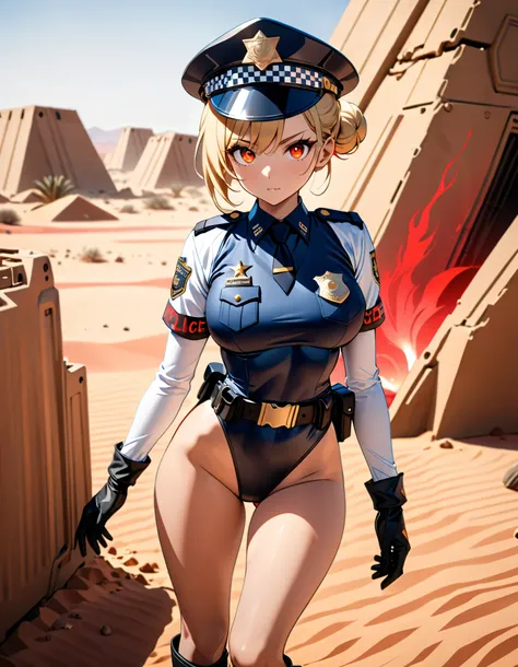 ((Best quality, 8k, Masterpiece :1.3)), 1girl, Pretty woman with emphasizing slender abs :1.3, (single hair bun, blonde hair, large breasts), Ultra-detailed face, brown eyes, Detailed eyes, Double eyelid (full body shot,cowboy shot), perfect hands, complet...