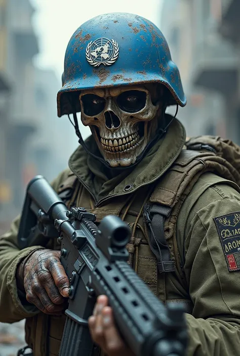 Soldier with gun hk416, Skull face and UN helmet 