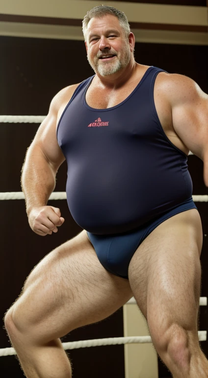 (best quality,4k,8k,highres,masterpiece:1.2), age 50, tall, composed, handsome, white man, horny disgusting,  chubby, kind, mature daddy, big bulge, gray hair, plump beefy chest, thick arms, dilf, black singlet, wrestling singlet, hanging belly, big chest ...