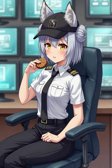 Adult warden tomboy, two silver buns hair, black officer baseball cap, yellow eyes color, her felt serious, silver husky dog ears, silver husky dog tail, white officer shirt and black tie, black trousers, She sitting on chair behind the boss's desk, she ho...