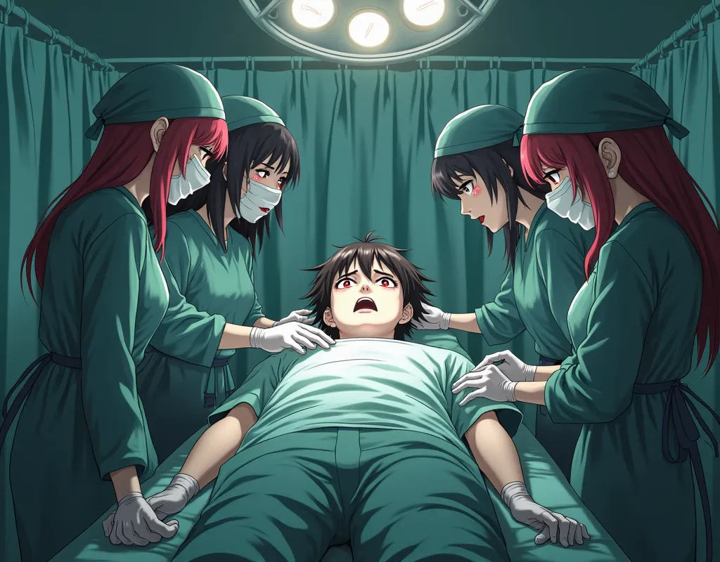 in an operating room surrounded by medical curtains multiple young anime female yandere kohai dressed in surgical outfits, surgical gloves, surgical caps, surigical masks surround the operating table with overhead surgical lights where young anime male sen...