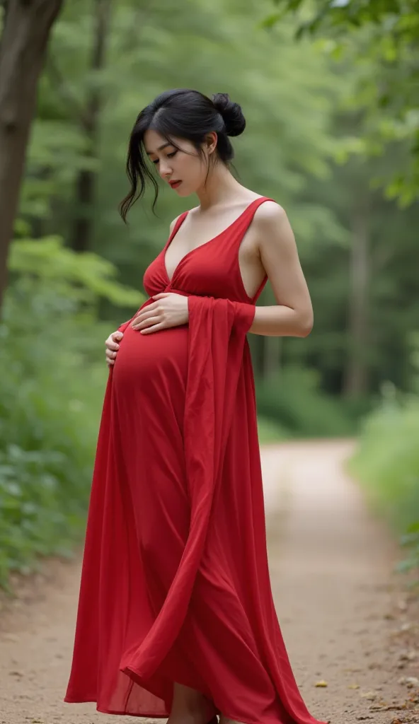 Une femme de 25 ans enceinte en robe rouge longue et masse courte et fluide en marchant s’arrête brusquement, posant une main sur son ventre avec une expression de douleur son sac à main noir par terre. regardant son ventre. Ses cheveux noirs sont toujours...