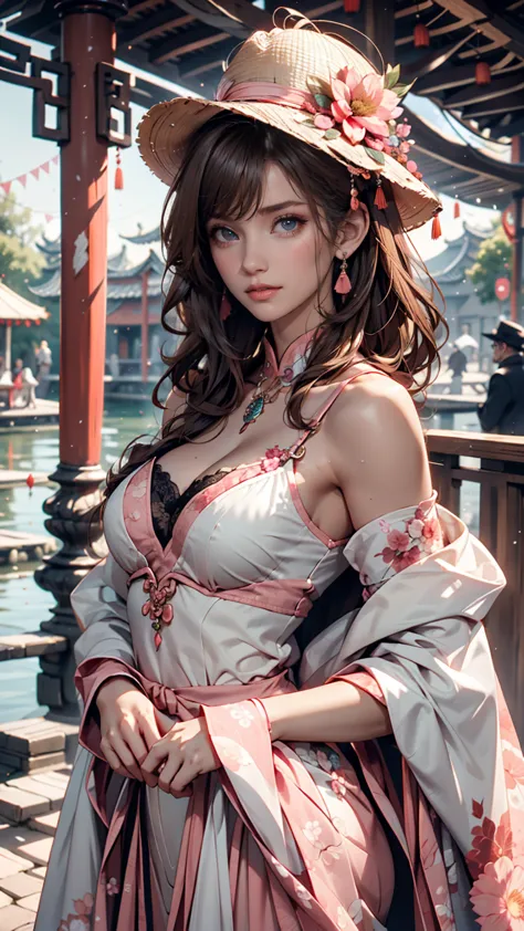 masterpiece, Highest quality,  Waterfront , banquet,  1 female, mature woman, elegant, Chinese Style, ancient China, Sisters, Royal Sisters, happy,  meatball head holding chin , light brown hair, pink eye, Gorgeous hat, pale pink lips,  pink clothes, Threa...