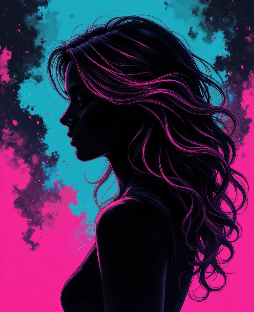  illustration,
masterpiece, best quality, animeniji, Silhouette of a young woman,  profile view,  with vibrant, stylized features.  Dark, flowing hair with streaks of hot pink, contrasted against a backdrop of swirling, teal and magenta abstract forms.  Th...