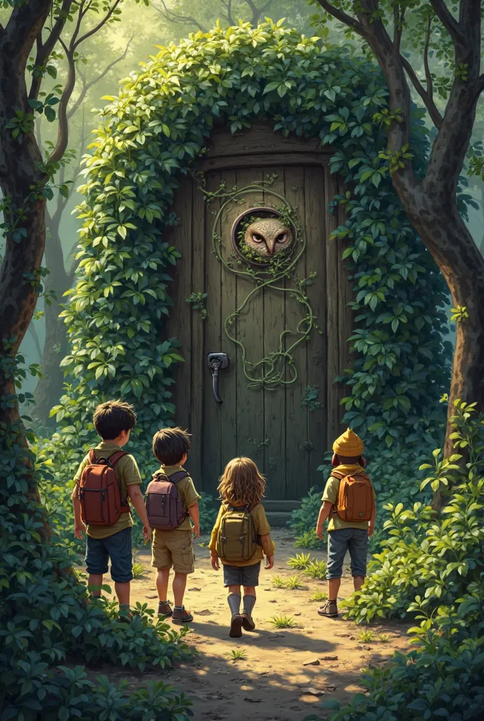 Hidden owl wrapped in green vines in a desolate wooded area is a group of adolescents who make a discovery with curious eyes next to a tidy old door.