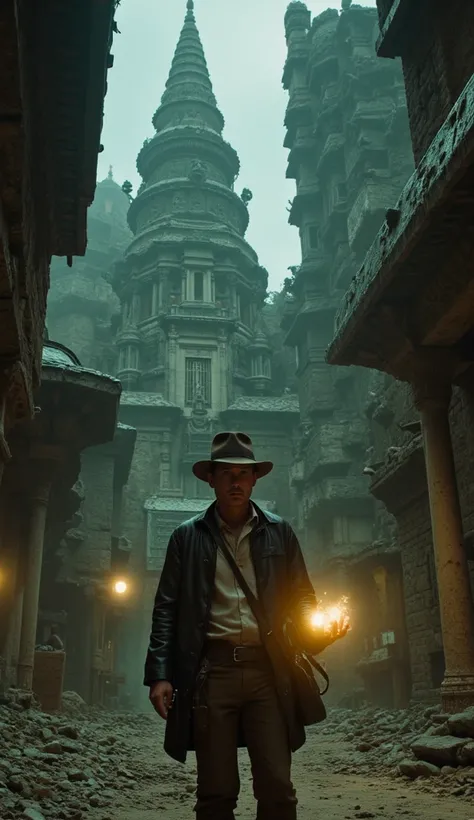 inside very mysterious dark beautiful ancient city.The elaborately built city conveys its former glory. Dutch angle, supernatural phenomena happening. also futuristic. Indiana Jones\(Harrison Ford, movie character, wearing fedora hat, leather whip, black l...