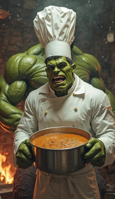 The white chicken chef grab a big,boring soup from fire and use the large pot and cover the head of the hulk and soup full the body of the hulk . realistic image 