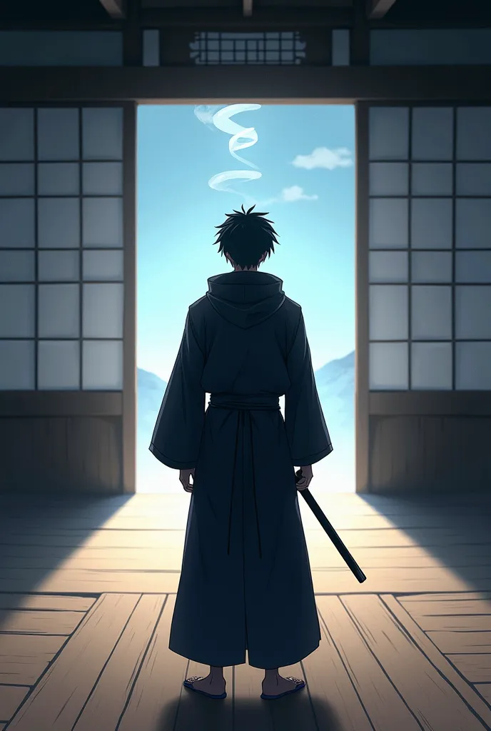 Create a Facebook page cover fit for an anime edit shorts page ....in a dojo where a mysterious shonen is standing in a hoodie with back to the camera.