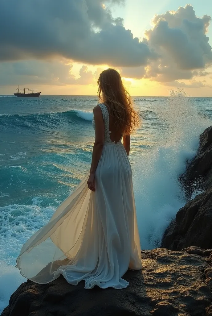 Une jeune femme se tient au bord d’une falaise battue par le vent, face à une mer d’un bleu profond où dansent des reflets d’or et d’argent. Sa longue robe, légère comme un voile de brume, se soulève avec la brise salée, se mêlant aux embruns qui s’élèvent...