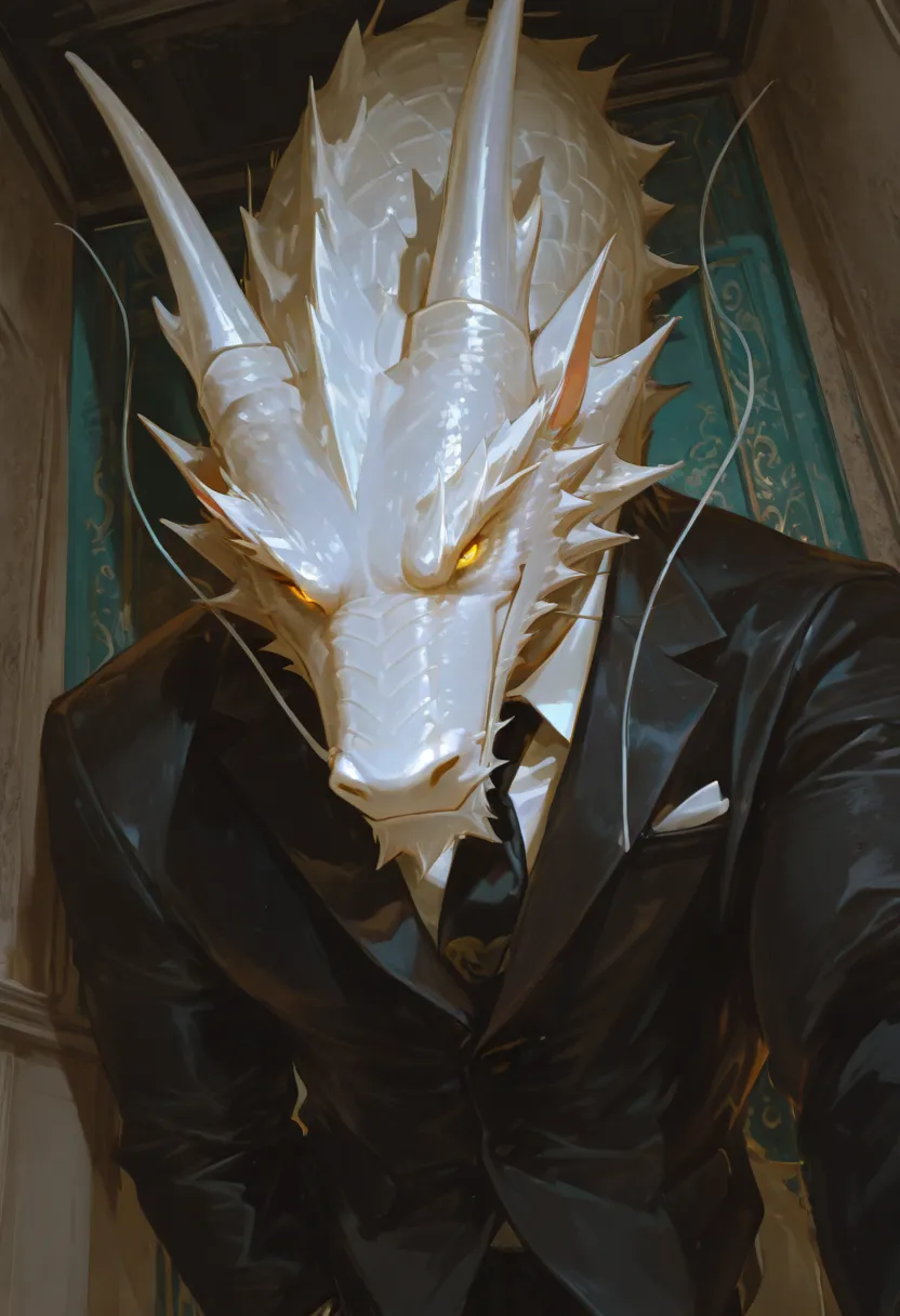  masterpiece, alone, furry，White Dragon, aldult, , golden eyes, Muscular Body，(Huge dragon),  Handsome, Smile，aggressive gaze, wall thump， suit ，first-person perspective，Noble，Elegant 