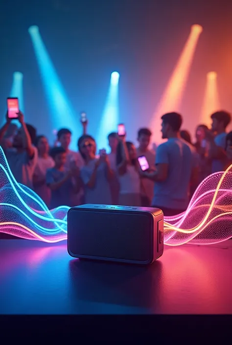 Create a vibrant and modern design featuring a portable karaoke speaker on a stage, surrounded by colorful sound waves, with a smartphone streaming live to a glowing audience. Include the slogan: ‘Hát hay, live ngay – Trải nghiệm karaoke mọi lúc, mọi nơi!’...