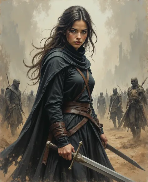  illustration,
masterpiece, best quality, by Ashley Wood, Abstract figure of a young  woman depicted in a dynamic pose holding a sword. The palette is dominated by dark, muted tones of gray, brown and beige, creating a somber but dynamic atmosphere. The fi...