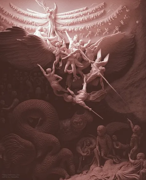 A grand, high-relief marble sculpture in the style of ancient Roman and Renaissance art, depicting the apocalyptic battle from the Book of Revelation. Towering, armored angels with flowing robes and powerful wings descend from the heavens, their swords rai...
