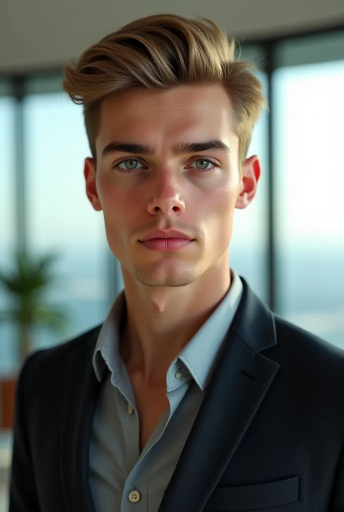 Young handsome guy dark blond hair with green eyes, penthouse with no mustache or beard, with a normal chin, real person 