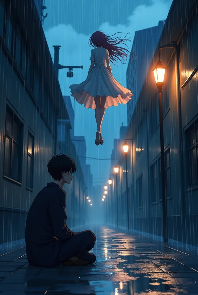 Draw an anime scene， Rainy night ，in an alley，The male character falls and sits on the ground watching the female protagonist ride the wind down from the sky