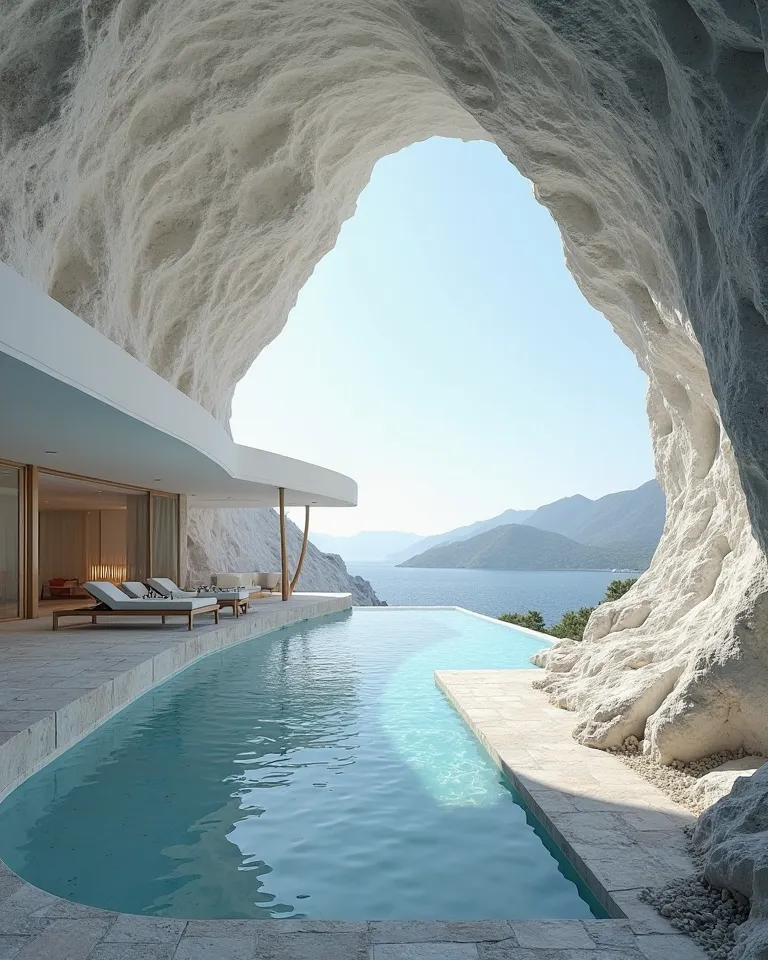 Create a house inside a cave with a great view, this must be modern in white tones, it must have an infinite Pool with stone floors, it must see a skyline of a city or a beach or some amazing landscape.