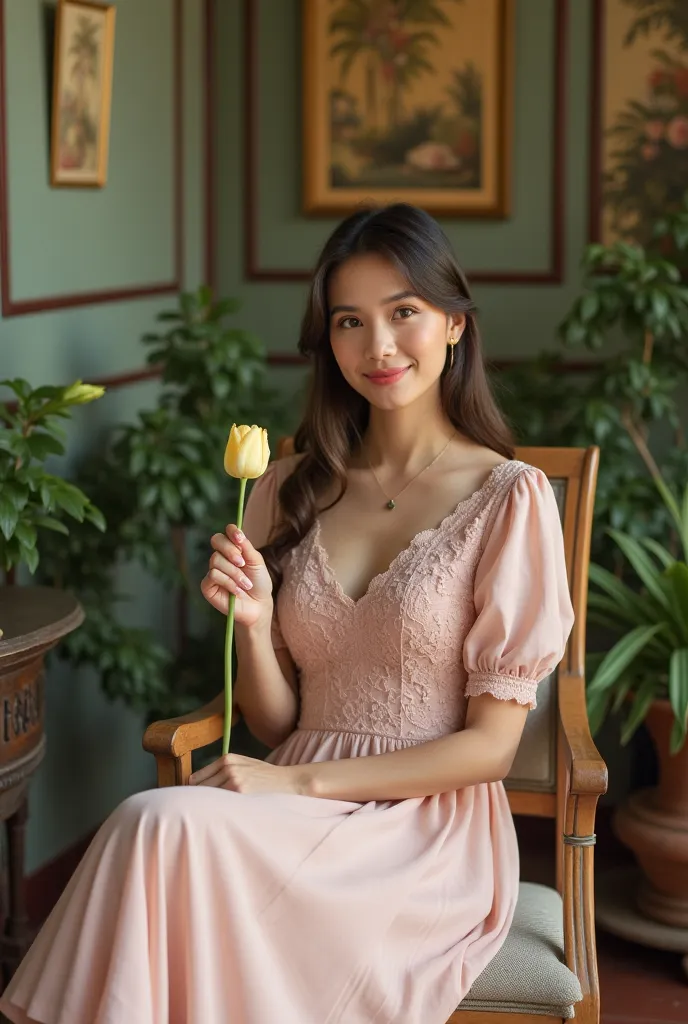 aa woman sitting on a chair with elegant style. She wore a light pink lace dress and held a light yellow tulip in her hand. The background has many green trees and wall paintings, creating a gentle, sophisticated space. The exterior and interior have a cla...