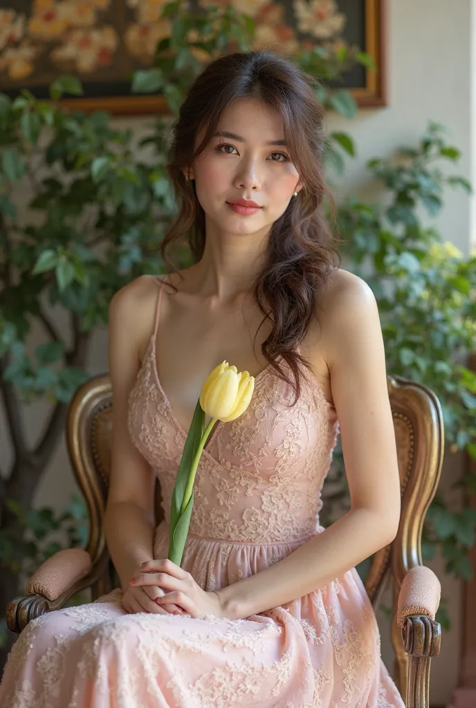 a woman sitting on a chair with elegant style. She wore a light pink lace dress and held a light yellow tulip in her hand. The background has many green trees and wall paintings, creating a gentle, sophisticated space. The exterior and interior have a clas...