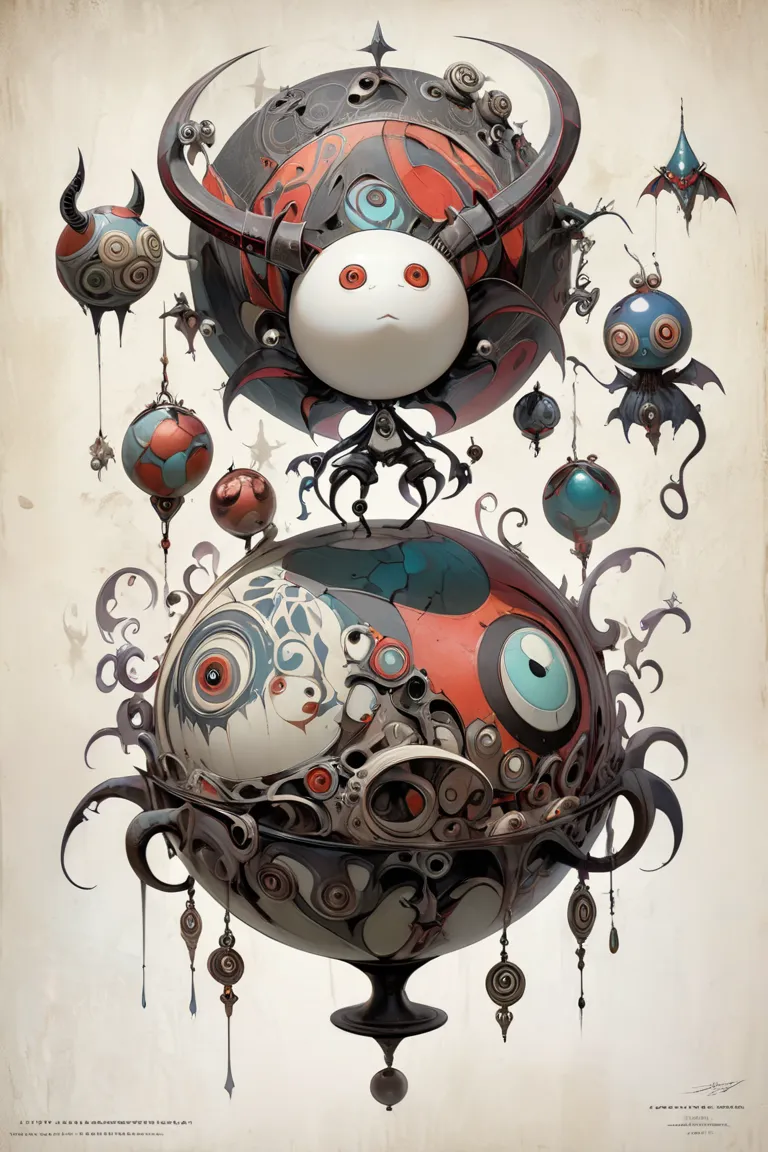 (masterpiece、Highest quality)、Super Detail、 HIGHEST DETAILS 、 Tim Burton Style、Girl with spherical joints and homunculus、layered sculpture 、body horror、Avant-garde、concept art、Mysterious and beautiful、Fantasy、 art deco 、Layered Cut Art、stylish、stylish、Magi...