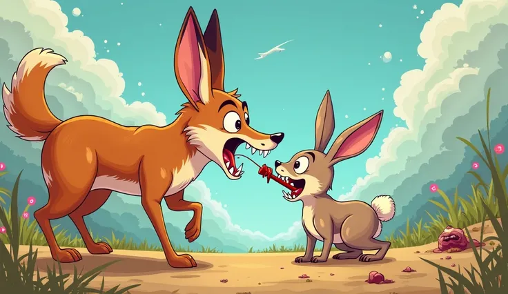 jackal eat rabbit one ear without blood show in cartoon formate