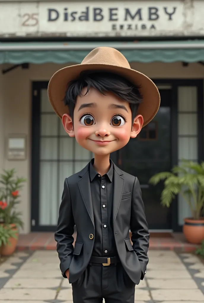 Caricature style seorabg indonesian boy with 25 year old hat. Wearing a black suit shirt and black trousers was standing in front of Real's office ultrarealistic photo