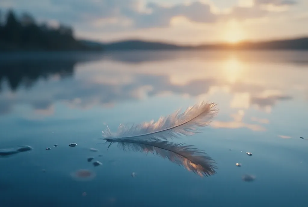 (Masterpiece, best quality, ultra-detailed, soft cinematic lighting, atmospheric perspective, tranquil beauty, reflective surface, storytelling composition.)

A delicate feather rests gently on the surface of a still lake, barely causing a ripple. The wate...