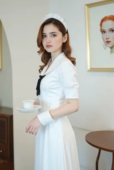 a woman dressed in a mini white maid outfit, adorned with a black ribbon and a white bonnet. She is holding a white teacup in her left hand, adding a touch of color to her outfit. The backdrop is a stark white wall, with a wooden cabinet below it, and a fr...