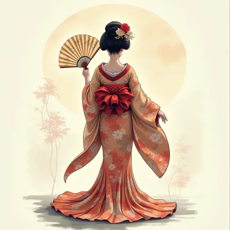  no background　illustrations　Full back view of a maiko holding a fan