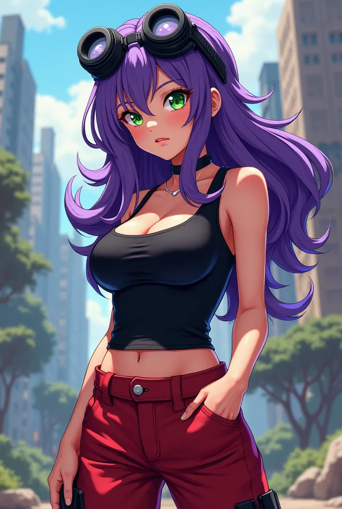 A girl with purple long wavy hairs with green eyes and black round goggles with hourglass figure and with black tank top with red baggy jeans in super dragon ball anime version