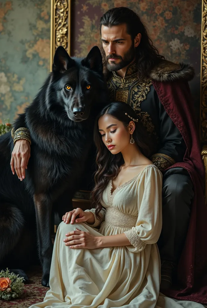 A man and a woman. The man is seated on a throne and the woman is seated on the ground next to him with her head resting in his lap. The man has a stern expression. On his other side is a majectic black wolf. The woman has a simple flowing dress on and she...