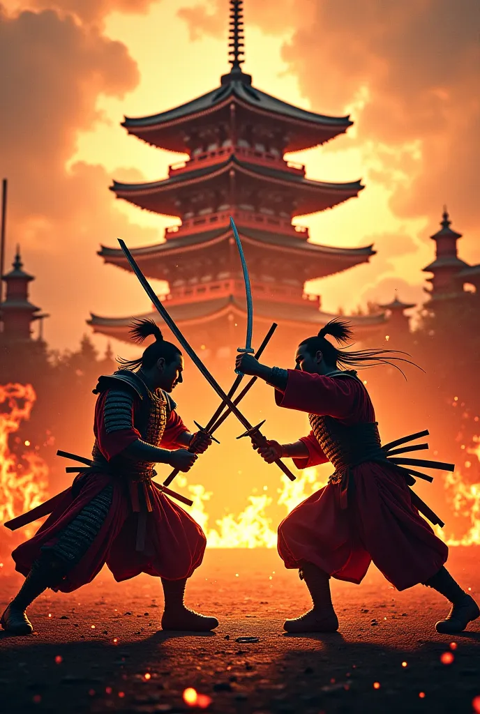 Samurai with a sword fighting each other killing them and the background should be the fire with the temple